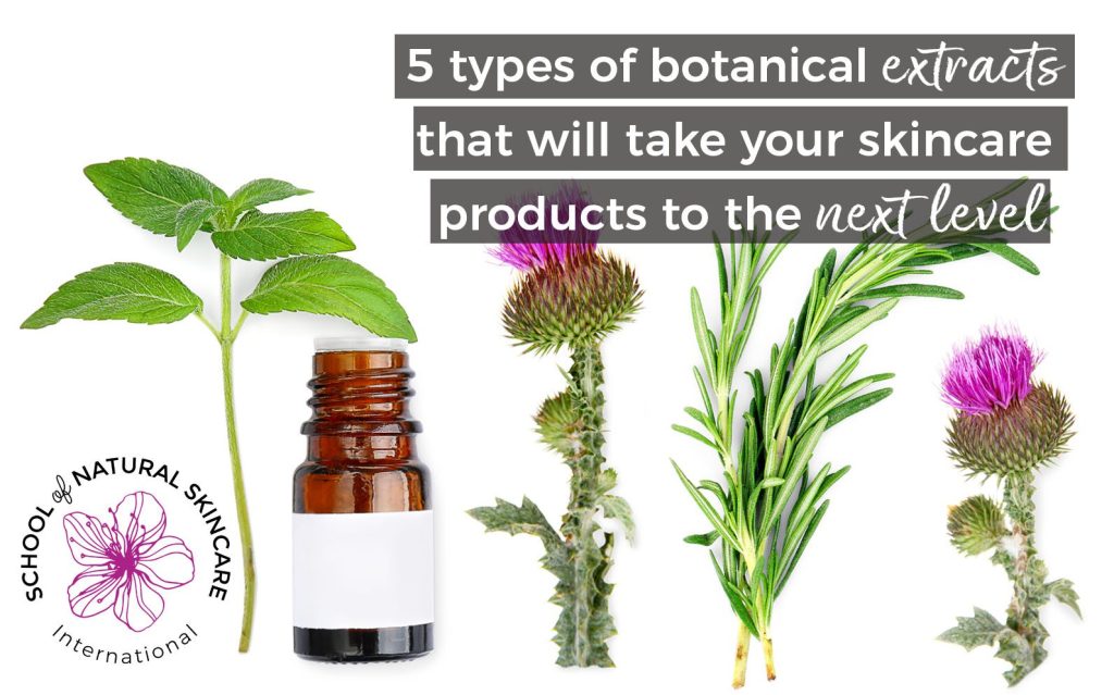 various herbs on a white background including purple this, with a small amber bottle title reads: 5 types of botanical extracts that will take your skincare products to the next level