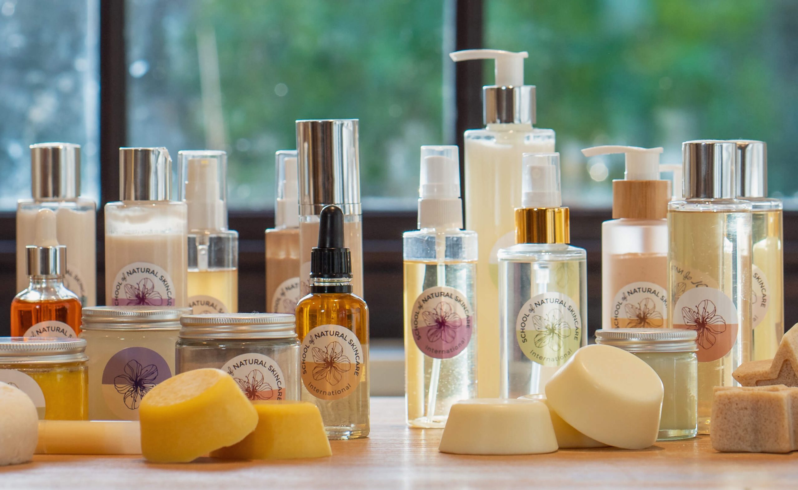 Assorted natural skincare products on display.