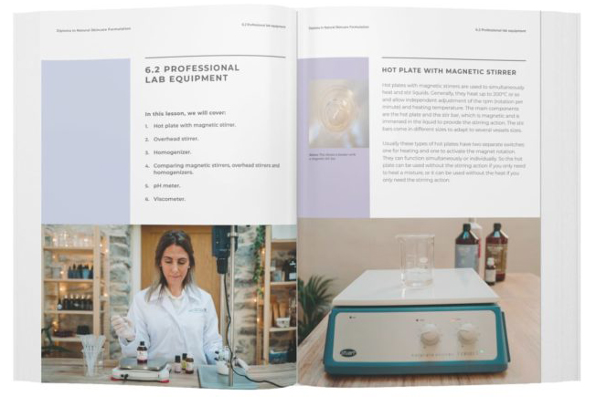 Lab equipment guide with woman and magnetic stirrer.