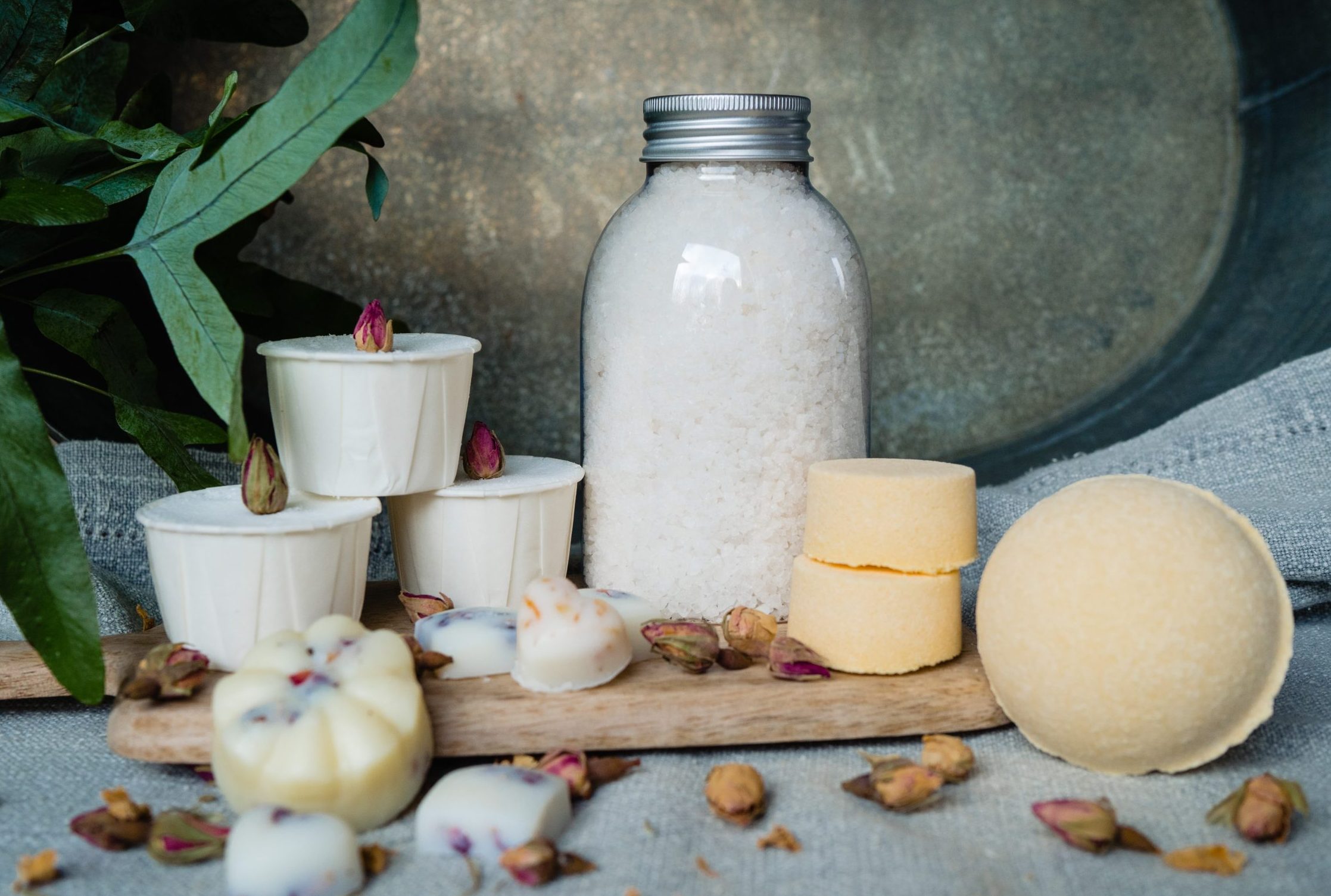 Natural bath products with salts and scented soaps