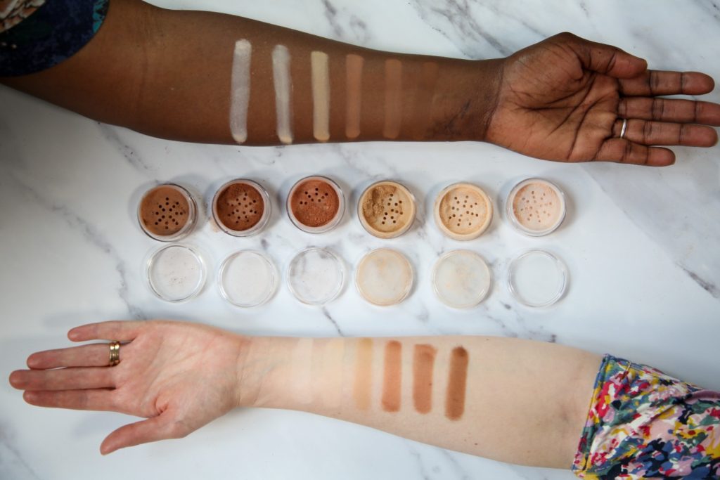 Diverse skin tone makeup swatches on two arms.