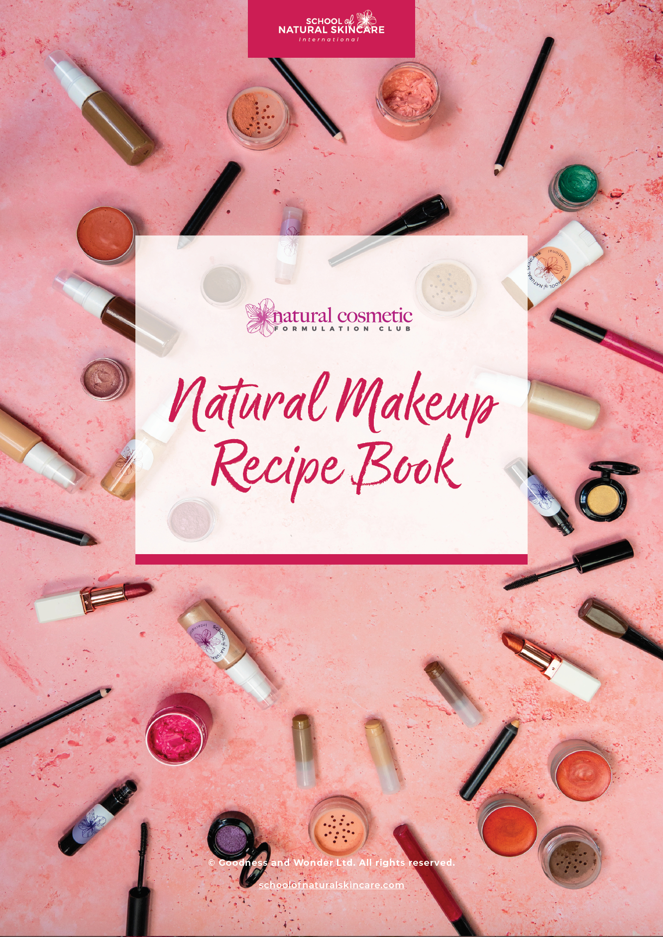 Natural makeup recipe book with assorted cosmetic products.