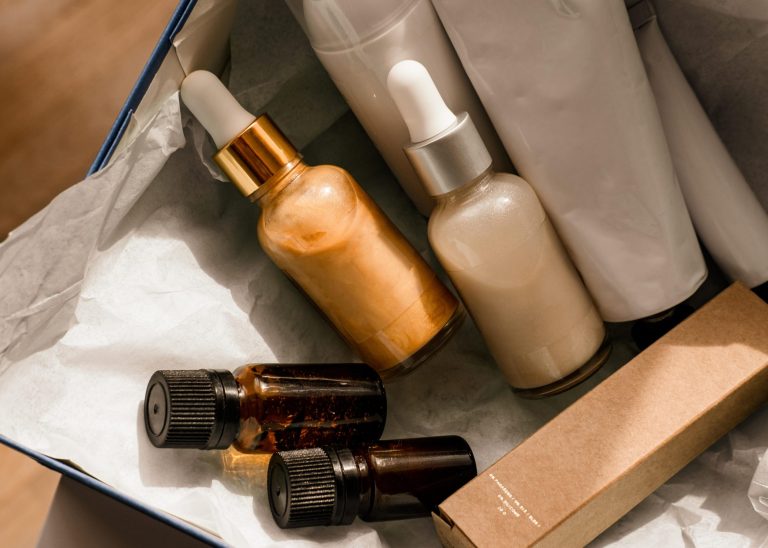 Assorted cosmetic bottles in a box