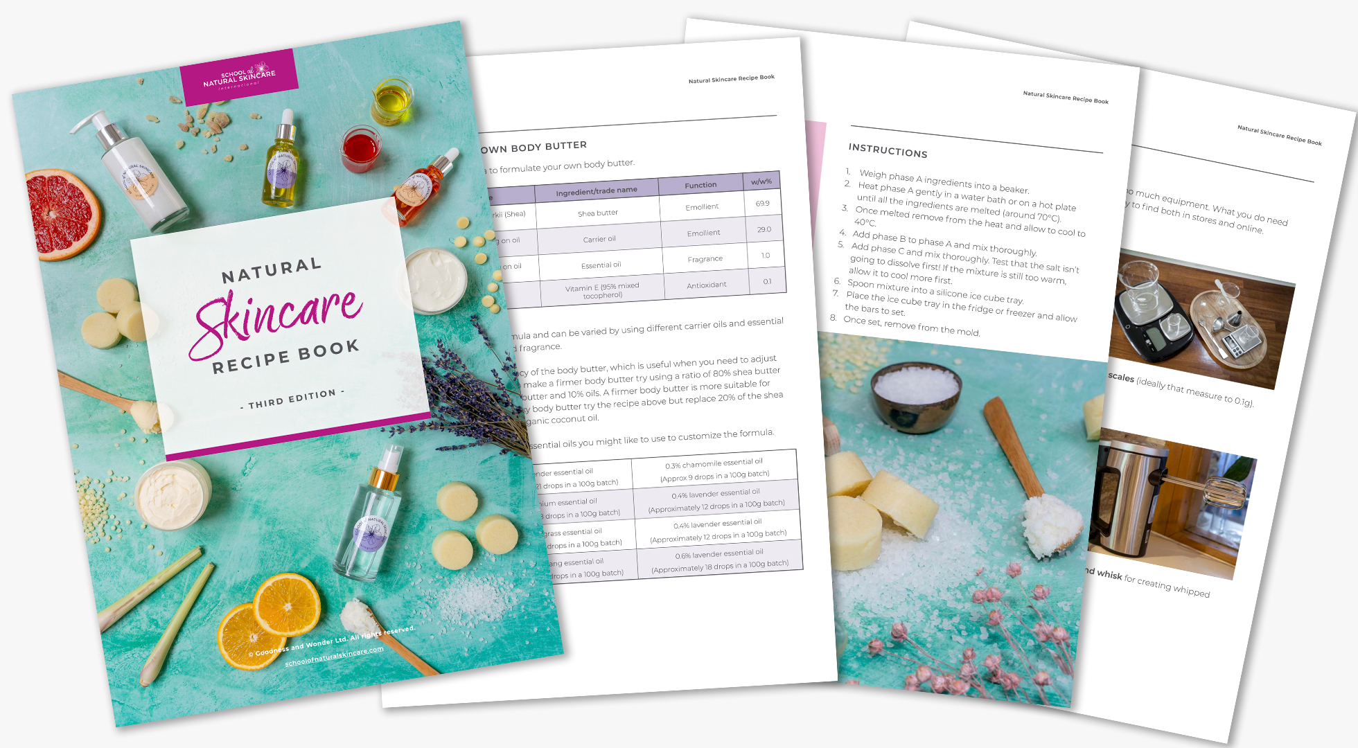 Natural skincare recipe book cover and page previews