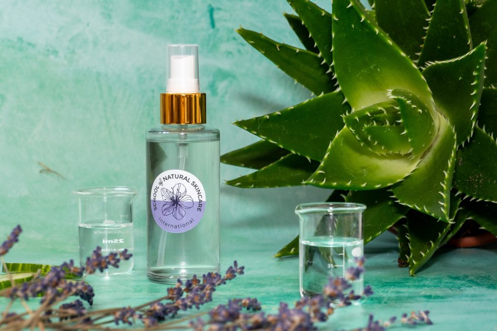 Natural skincare bottle with aloe and lavender