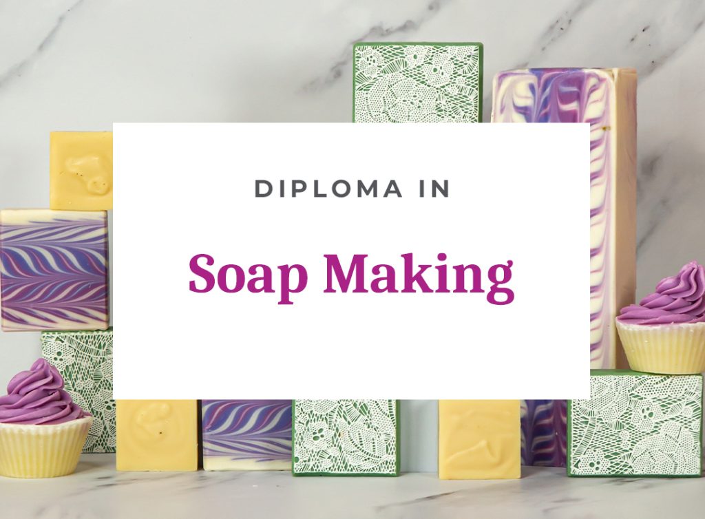 Soap making diploma advertisement with colorful soaps.