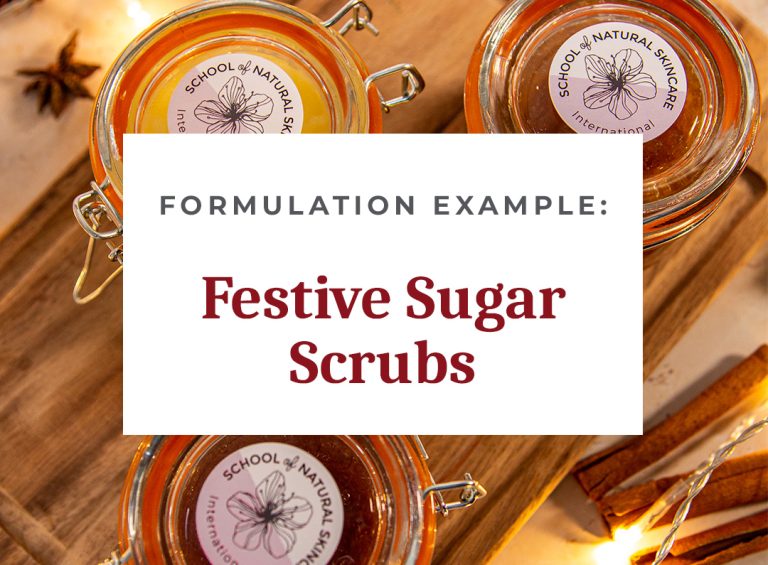 Festive sugar scrubs formulation example with jars and spices.