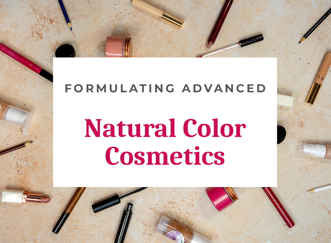 Natural color cosmetics with various makeup tools.