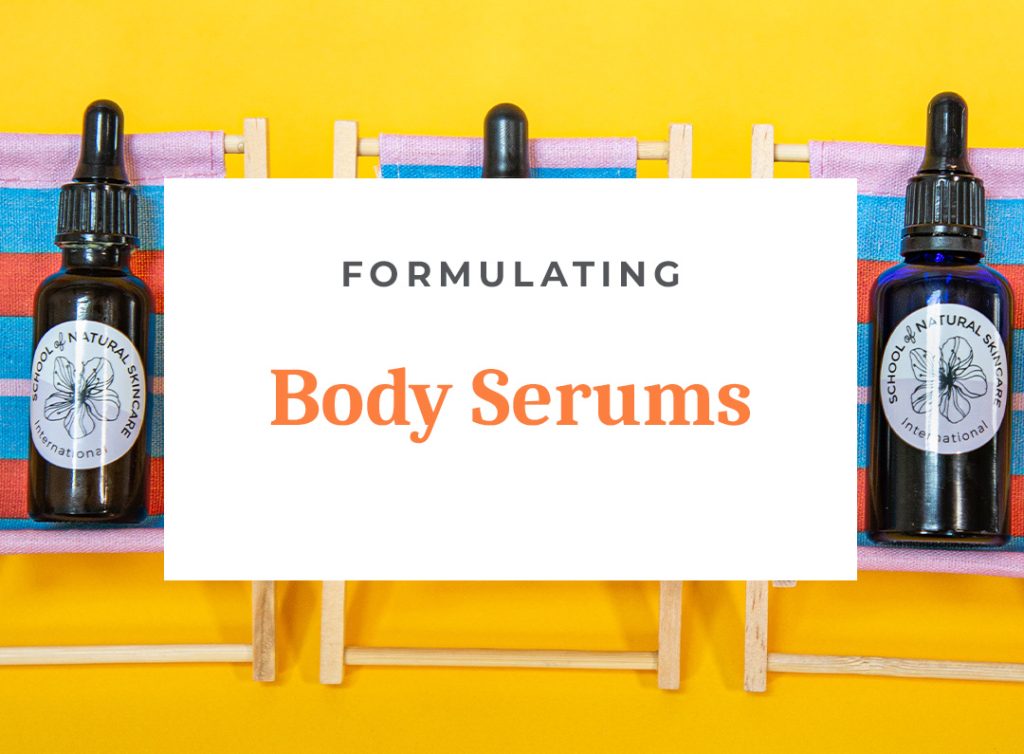 Formulating body serums course banner with bottles