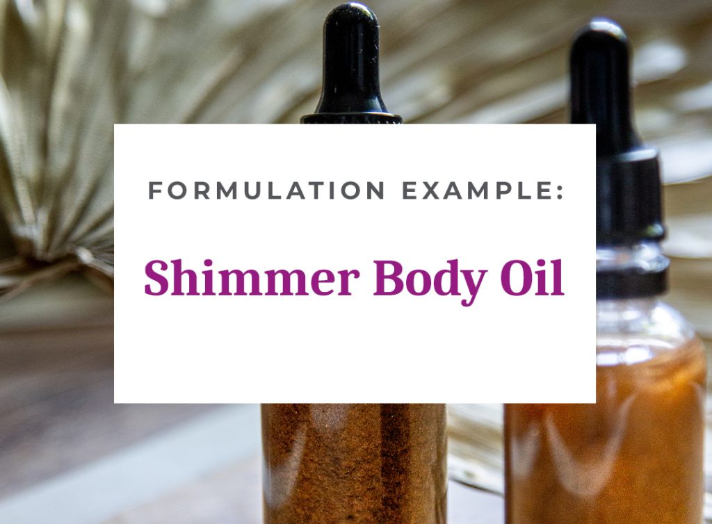 Shimmer body oil formulation example with bottles.