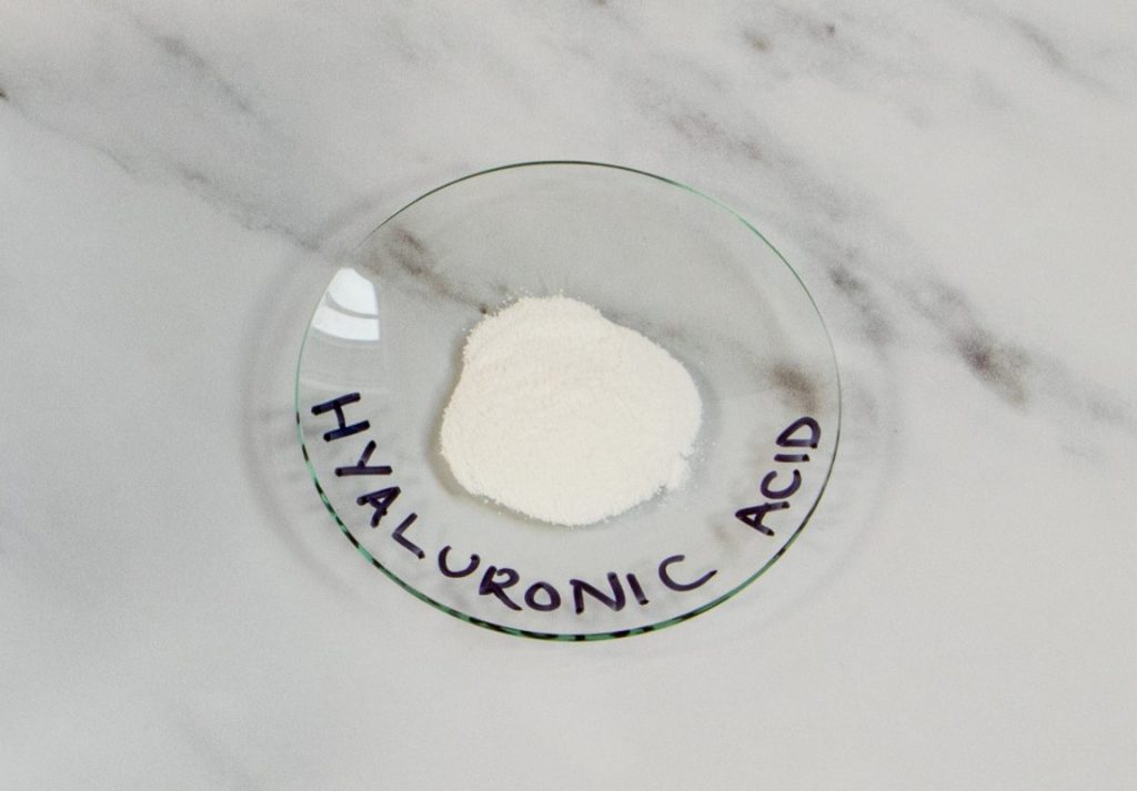 Hyaluronic acid powder on glass dish