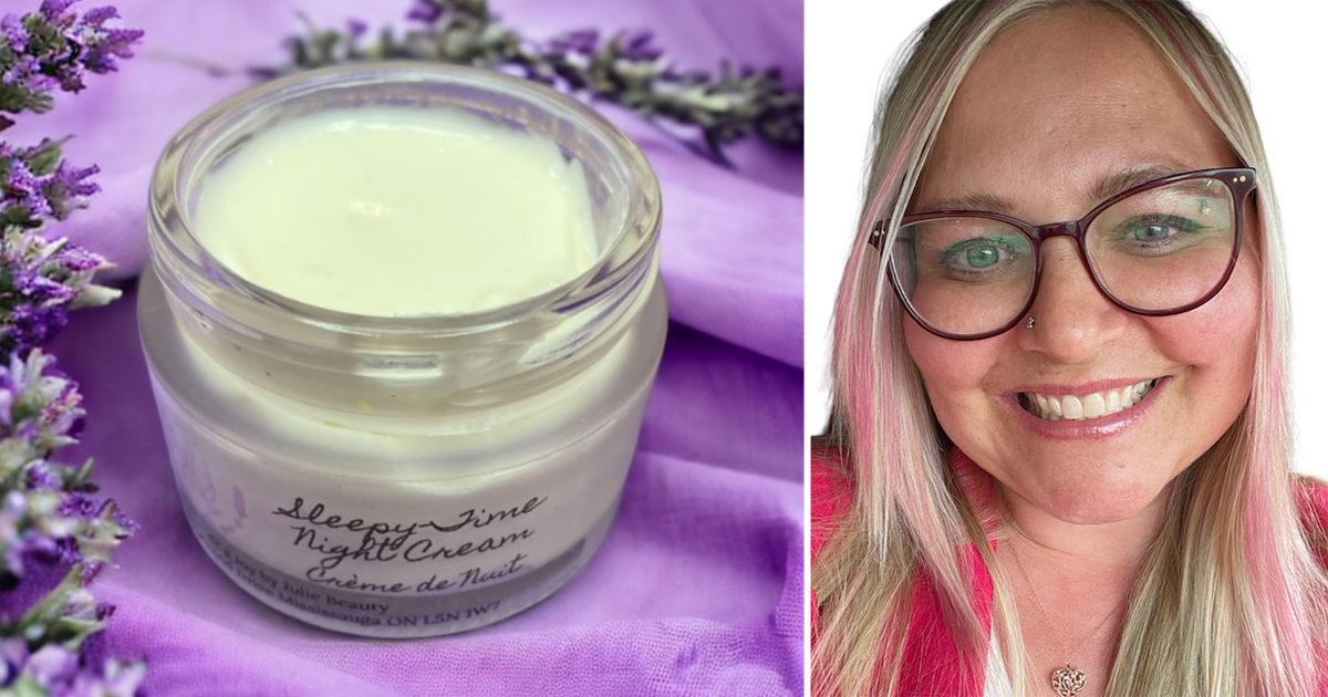 Sleepy Time Night Cream jar next to smiling woman