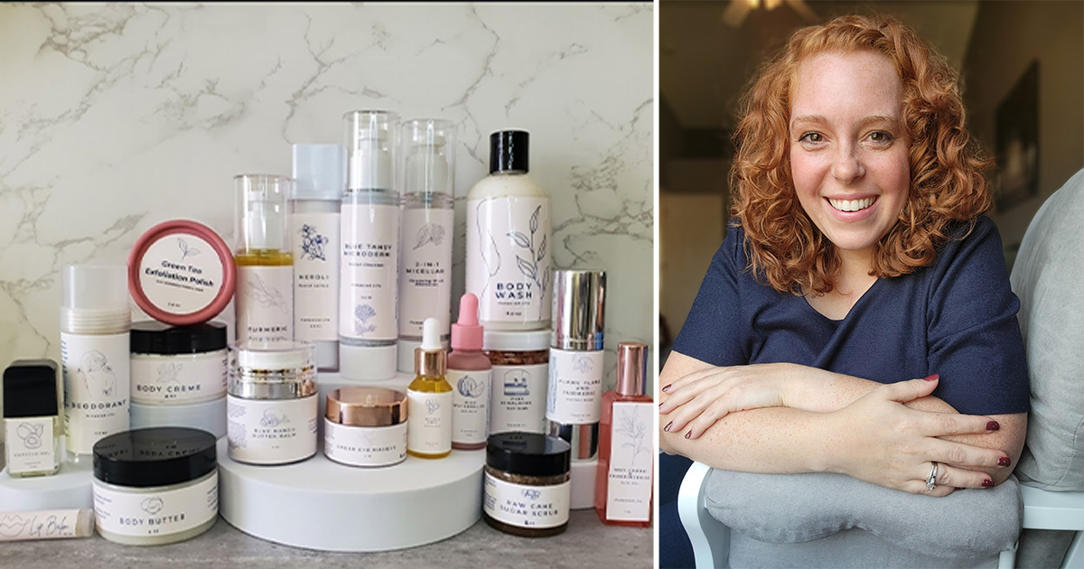 Skincare products and smiling woman with curly hair.